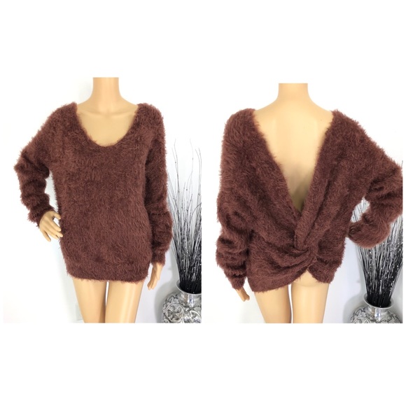Lilac Dream Sweaters - Brown Fuzzy Twist Back Sweater Size Large NWT